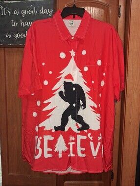 Hardaddy Men's Red Holiday Graphic Shirt with Bigfoot Tree Design W/ Believe. XL